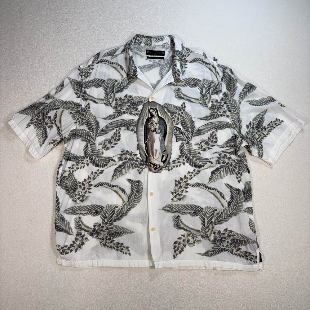 AllSaints Diego Shirt Men's 2XL Off-White Viscose Virgin Mary Loop Collar Camp